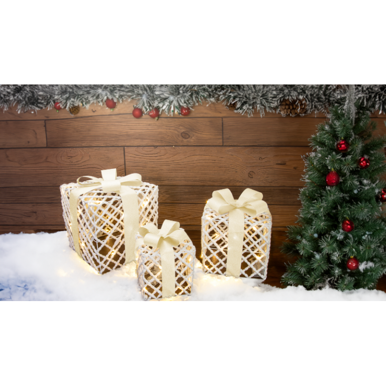CHRGGSET60WW - LED karácsonyi ajándékdoboz szett,fehér,arany,elemes(X24030)