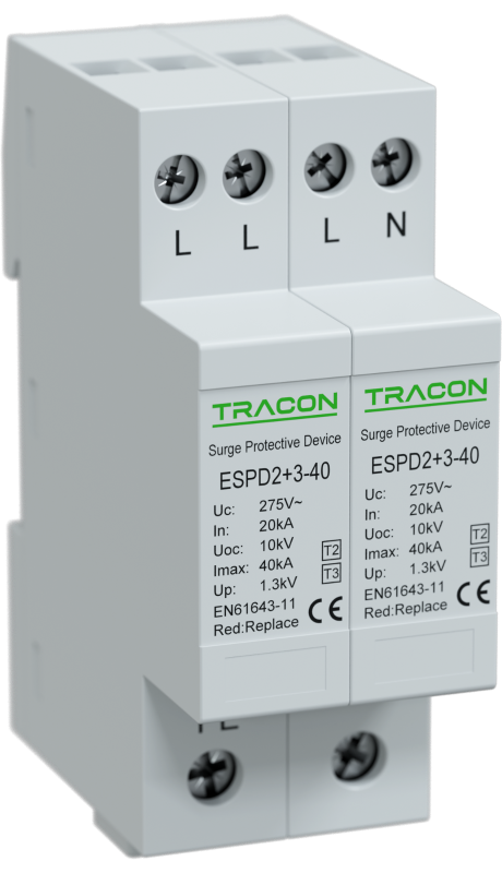 ESPD2+3-40-4P - T2+T3 AC típusú túlfeszültséglevezető, egybeépített